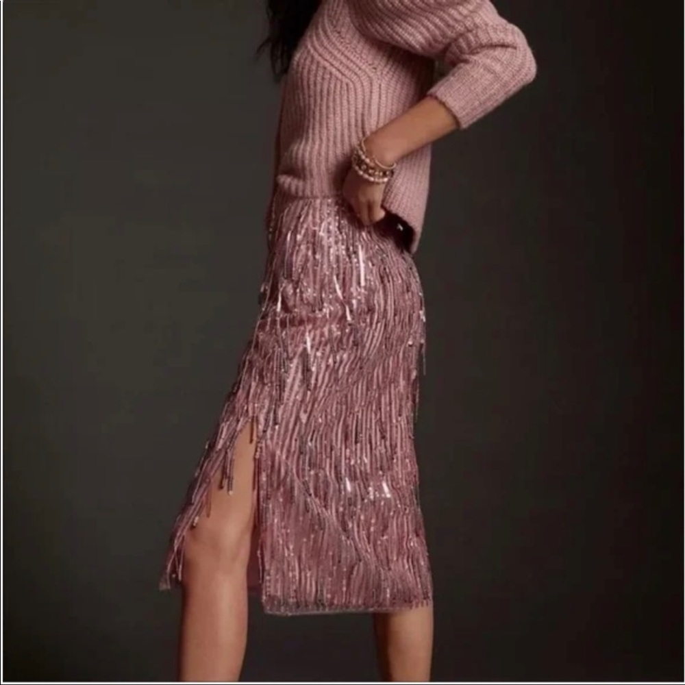 Maeve rosé pink midi beaded skirt. So fun and playful. Great for the holidays.